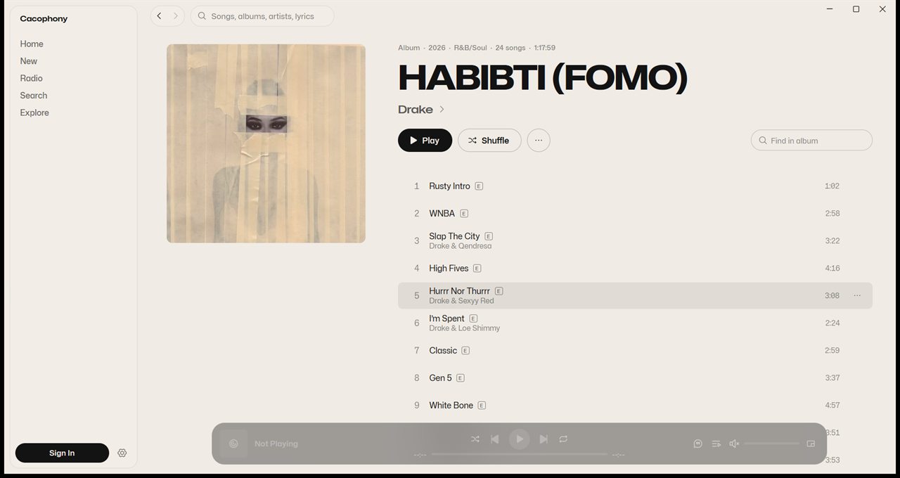 An album page in Cacophony, with the track list and the album's colors