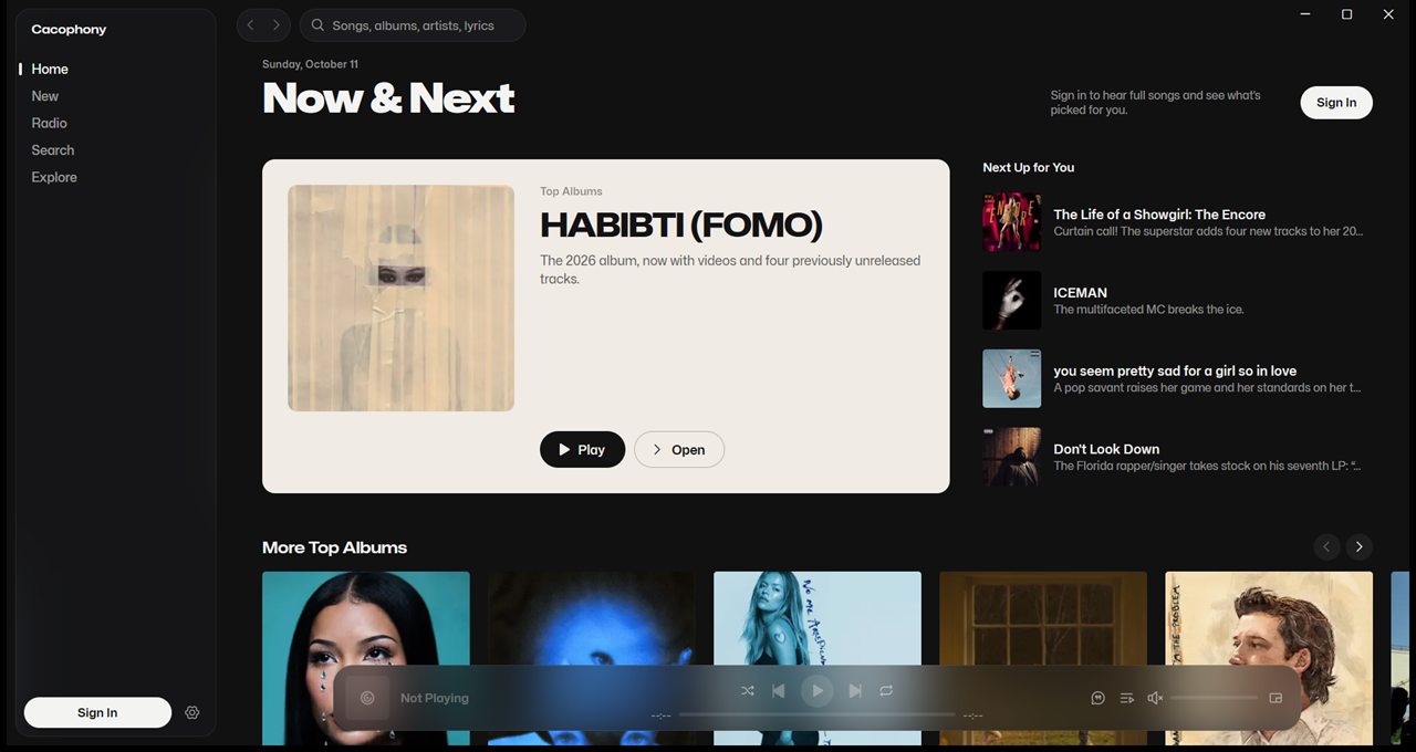 Cacophony's Home page on Windows: top albums, picks and the player bar